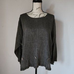 What's Up Lagenlook Linen Pinstripe Top Button-Accent Long Sleeve Black Oversize